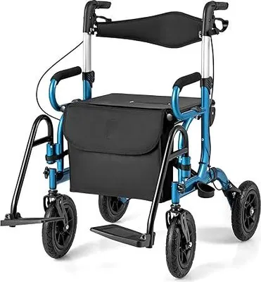 Zdjęcie produktu dla rolator 2 w 1, składany rolator z regulacją wysokości, odwracanym oparciem, oponami terenowymi, aluminiową pomocą do chodzenia dla osób starszych z niepełnosprawnością