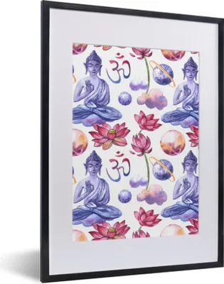 Produktbild von MuchoWow® MuchoWow® Gerahmtes Poster Buddha - Muster - Weiß 30x40 cm - Poster mit zchwarzem Bilderrahmen - Wandposter Schlafzimmer