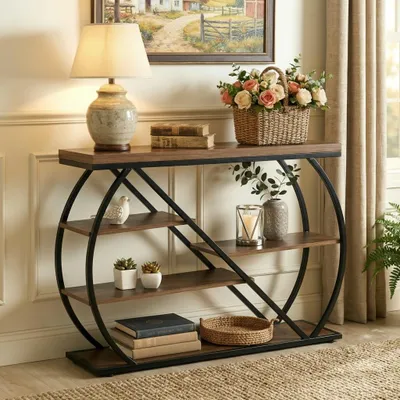 Immagine prodotto di Consolle Tribesigns 105 cm, 5 ripiani, stile industriale, con scomparti e struttura in metallo curvato, marrone rustico, ideale per corridoio, soggiorno
