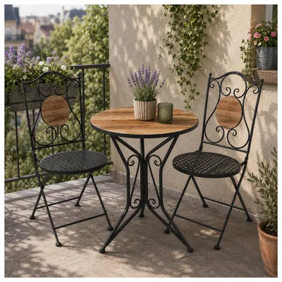 Produktbild von Sitzgruppe Metall schwarz Holz Tisch mit 2 Stühlen Balkon Set mit Motiv