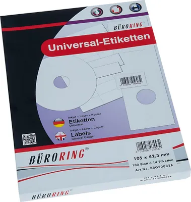 Produktbild von Büroring Etiketten, 105 x 42,3 mm, weiß, 1.400 Etiketten, lösungsmittelfrei, Inkjet-, Laserdrucker, Kopierer, 100 Blatt