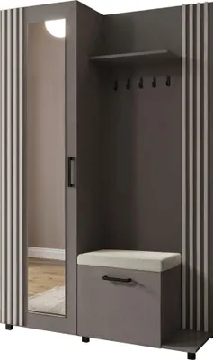 Produktbild von Garderoben-Set im Skandi-Stil mit Spiegel, Sitzbank, Schuhablage & Haken – Flurgarderobe 137 cm in Weißen Lamellen-Optik mit Ablage und Stauraum – Grau – Rechts