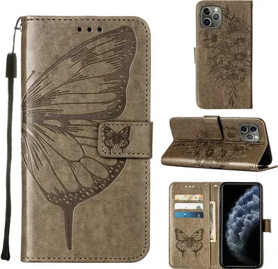 Produktbild von iPhone 11 Pro Hülle, Schmetterling Prägung Flip Leder Kartenfächer Schutzhülle Ledertasche mit Ständer für iPhone 11 Pro Grau