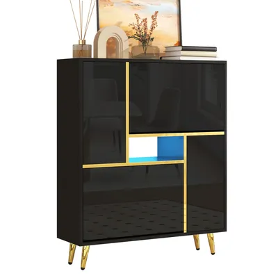Image de Fortuna Lai Armoire à chaussures moderne avec façades brillantes, portes à étagères réglables, LED de couleur, noir