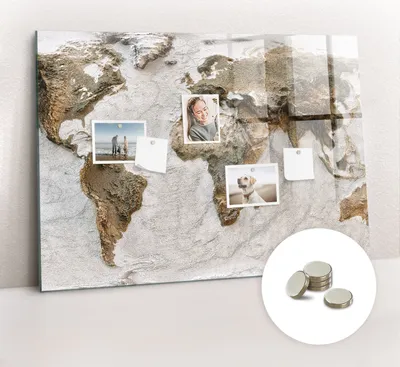 Obrázek produktu pro Magnetická Tabule na Zeď Skleněná - Memo Board Kleněnou Přední Stranou - 5 magnetů v balení - 100x70 cm - Stará mapa světa