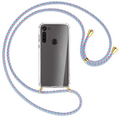 Produktbild von Handykette Backcover-Schutzhülle mit Band (Metall goldfarben) für Motorola Moto G8 - pink/mint