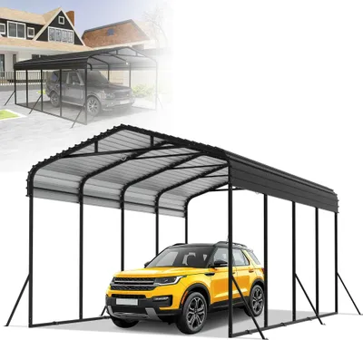 Obrázek produktu pro LZQ Kovový přístřešek na auto 600x370x260 cm - Robustní, práškově lakovaná ocelová konstrukce s barevnou střechou z ocelového plechu, odolná proti korozi, přístřešek na auto a motorku, černá barva