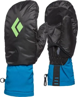 Schwarze Skihandschuhe mit blauen Bündchen von Black Diamond; Modell Cirque Gloves; mit grünem Logo.