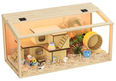 Productafbeelding van Famanu – Houten hamsterkooi voor kleine dieren, knaagdierkooi met klapdeksel, 60 x 40 x 40 cm, naturel
