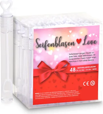 Produktbild von Woma Seifenblasen Hochzeits Set - 48 Stück je 4,5 ml - Seifenblasenflacon mit Herzgriff - Seifenblasen Fläschchen Hochzeit Gastgeschenk Tischdeko
