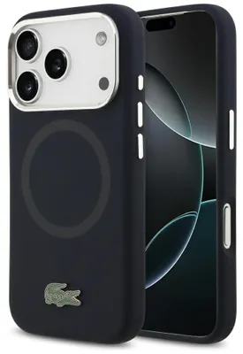Image de Étui Lacoste HC en silicone avec logo métallique et MagSafe pour iPhone 17 Pro, bleu marine