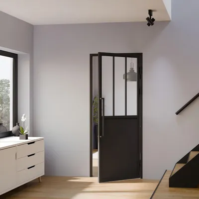 Produktbild von inova Loft-Glastür 930 x 2040 mm, DIN Rechts, Klarglas, Stahlrahmen Schwarz, Komplettset mit Zarge und Griffstange