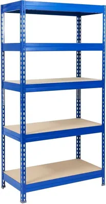 A blue metal shelving unit with wooden shelves against a white background.