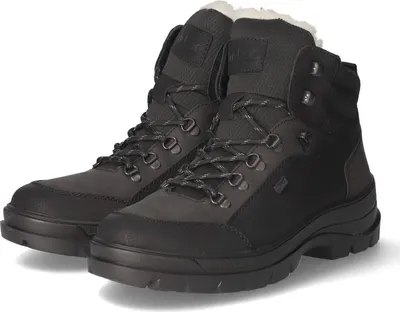A pair of black and gray winter boots with white fur lining.