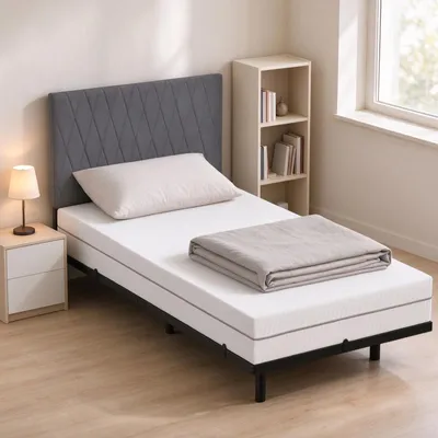 Produktbild von Metallbett Einzelbett 90 x 200 cm mit Matratze und Moderne Kopfteil Grau auf Stahlrahmen mit Lattenrost