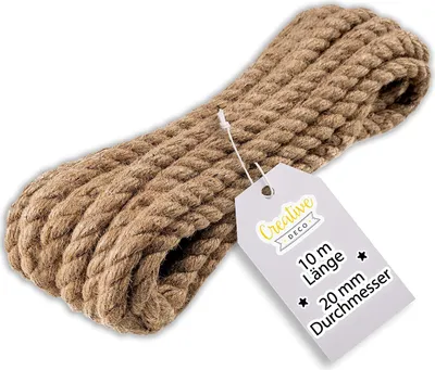 Obrázek produktu pro Creative Deco Jutové Lano | 10 m Dlouhé | 20 mm Silné | Konopné Lano Silné a Odolné Lano | Kroucená Příze Lano | Přírodní Hnědé Jutové Lano | Lano Utahovací Lano Zábradlí
