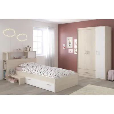 Produktbild von Komplettes Kinderzimmer – Kopfteil + Bett + Kleiderschrank – helle und weiße Akazie