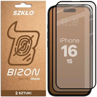 Produktbild von Mattes Hartglas für iPhone 15 / 16, Bizon Glass Matte Duo, Schwarzer Rahmen, 2 Stück