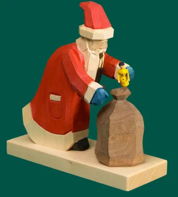 Produktbild von Räuchermann Weihnachtsmann mit Geschenkesack geschnitzt Höhe 13cm NEU