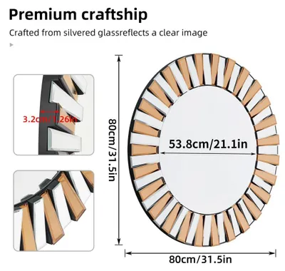 Produktbild von Moderner Sonnenspiegel - Runder Wandspiegel - Strahlenförmiges Design - Facettierter Glasrand - 80 cm Durchmesser - Wanddeko Wohnzimmer Schlafzimmer Flur - Silber
