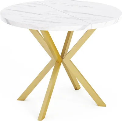 Obrázek produktu pro Kulatý rozkládací jídelní stůl se zlatými nohami ve tvaru X - ⌀ 120-200 cm - loftový industriální design - pro 8-12 osob - bílý