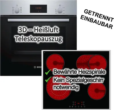 Produktbild von HERDSET BOSCH Backofen Teleskopauszug Versenkknebel 3D Heißluft + PKM Glaskeramikkochfeld Bräterzone Edelstahlrahmen