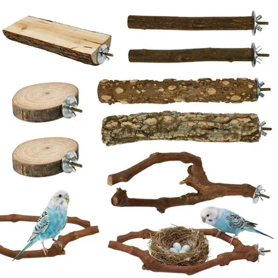 Immagine prodotto di Set di 9 posatoi naturali per uccelli, pappagalli, realizzati in legno naturale, con piattaforme