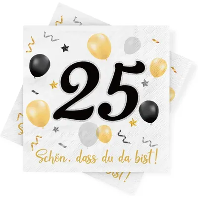 Productafbeelding van Servetten voor een 25-jarig jubileum, 30 stuks, zwart-goud, 3-laags, 33x33 cm
