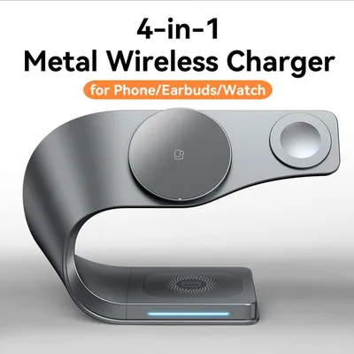 Produktbild von 4-in-1-Wireless-Ladegerät mit Metallgehäuse und Magnethalterung, 15 W Schnellladestation für iPhone 12-17, Mobiltelefone, AirPods und Apple Watch