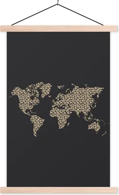 Produktbild von MuchoWow® Textilposter Weltkarte - Leopard - Tiere 60x90 cm mit holzfarbenen Rahmen - Textil