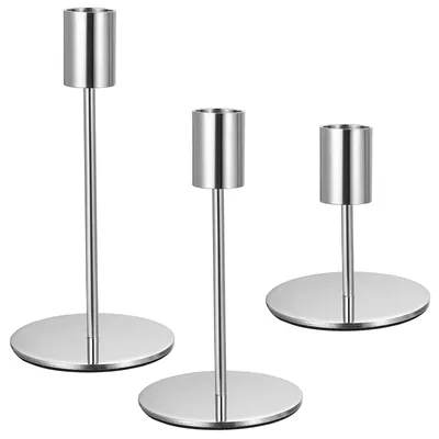 Productafbeelding van Kandelaar kandelaars - 3 stuks - Zilver - Voor taps toelopende kaarsen - 8 x 16 cm, 8 x 14 cm, 8 x 8,5 cm - Voor tafeldecoratie en feestzaal