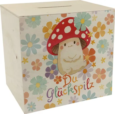 Produktbild von Du Glückspilz Spardose aus Holz mit Blumen Hintergrund