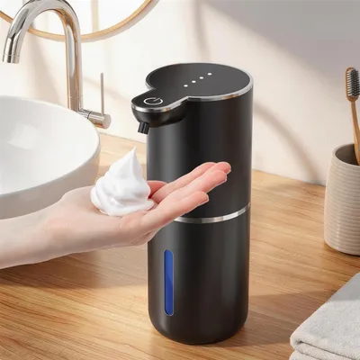 Obrázok produktu pre Automatický dávkovač mydla na penu, bezdotykový, 380 ml, na montáž na stenu, USB, IPX5, čierna farba