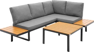Produktbild von ML-Design Gartenmöbel Set 3 tlg Terrassenmöbel mit Couchtisch Kissen Grau-Holzoptik Ecksofa wetterfest Sitzgruppe frei kombinierbar Lounge Baloknmöbel