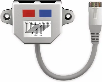 A close-up studio shot of a network splitter device with a cable attached.
