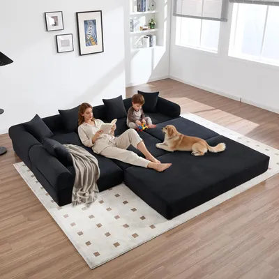 Produktbild von LVHOM Modulares Schlafsofa aus Cordstoff, 7 in 1 Klappbares Polstersofa, Tagesbett ohne Montage, Bodensofa mit Seitentaschen, Schwarz