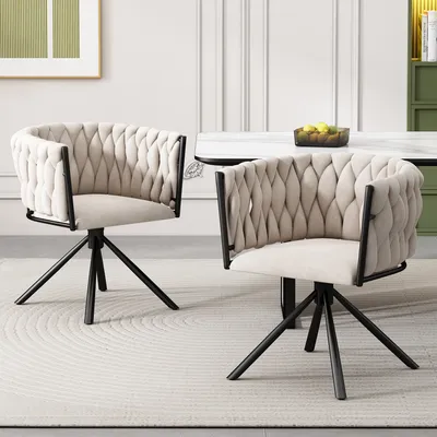 Produktbild von Sweiko Samt-Esszimmerstuhl, 2er set, einzelner heller Luxus-Wohnzimmer-Schlafzimmer-Drehstuhl, Freizeit-Drehstuhl mit vier Stützbeinen aus Metall, beige
