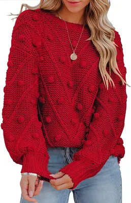 Produktbild von ASKSA Damen Pullover Rundhals Pompons Strickpullover Lose Einfarbiger Pulli Einfarbig Sweater, Rot, M