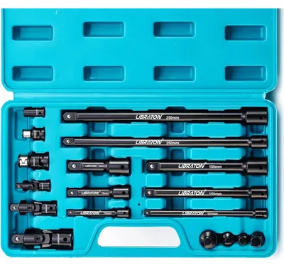 Produktbild von Steckschlüssel Verlängerung Satz 18tlg Zoll Adapter Kreuzgelenke Schlagkoppler Cr-V 1/4" 3/8" 1/2"