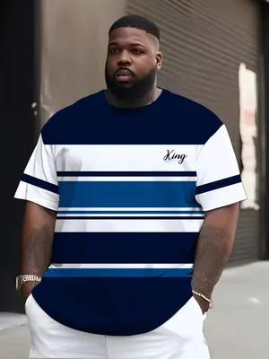 Produktbild von Men'S Plus Size Print Short Sleeve Shirt, Navy Blue And White Striped Pattern Design, Trendy Graphic Print, Summer Streetwear Men'S Clothing, Outdoor Casual Top, Casual Fashion Outfit, Machine Washable, Plus Size, 6XL