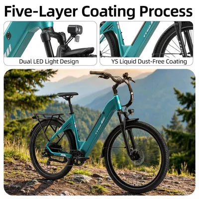 Image de Vélo électrique C5 - VTT électrique urbain pour adultes - Batterie 48V 13,5Ah - Moteur 250W 70 Nm - Freins à disque hydrauliques - Fourche avant et tige de selle à suspension - Roues de 70 cm - Vert