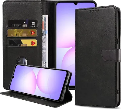 Image de Convient à l'étui de téléphone Samsung Galaxy A07 Faux cuir avec lèvre magnétique et porte-cartes Étui de livre avec rabat - Étui de portefeuille avec porte-cartes - Noir - Smartphonica