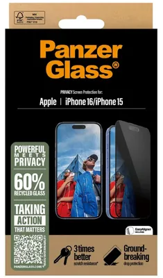 Produktbild von PanzerGlass ® 2-Way Privacy Displayschutz iPhone 16 | 15 | Ultra-Wide Fit m. EasyAligner, Apple, Apple - iPhone 16, Apple - iPhone 15, Trockene Anwendung, Kratzresistent, Schockresistent, Transparent, 1 Stück(e)