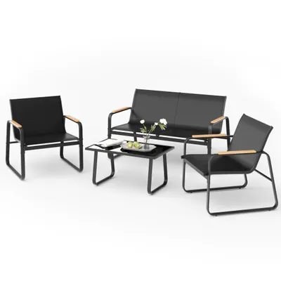 Produktbild von Mondeer Gartenmöbel Set 4-tlg Sitzgruppe Balkon Terrasse mit Mesh-Gewebe & Holz-Kunststoff-Armlehnen Schwarz
