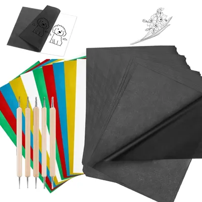 Produktbild von Pauspapier-Set - 100 Blatt schwarzes Kohlepapier A4 und 10 Blatt buntes wasserlösliches Transferpapier mit 5 Prägestiften - für Holz Papier Leinwand und Stein