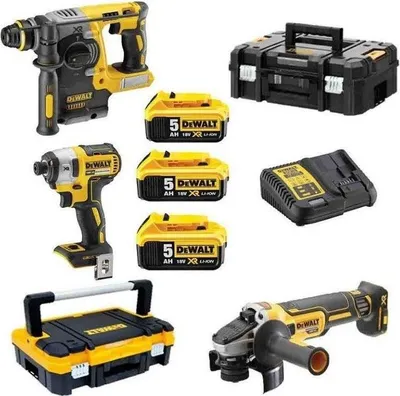 Zdjęcie produktu dla DEWALT DCK305P3T-QW Akumulatorowy klucz udarowy Akumulatorowa wiertarko-wkrętarka udarowa Akumulatorowa szlifierka kątowa 18 V 5,0 Ah