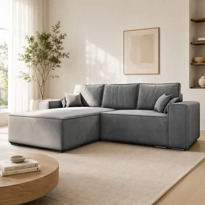 Produktbild von GOLDSOFF OSLO Ecksofa mit schlaffunktion & bettkasten 250x176 cm | Ecksofa L-form mit Federkern | Schlafsofa mit Klappmechanismus (Grau)
