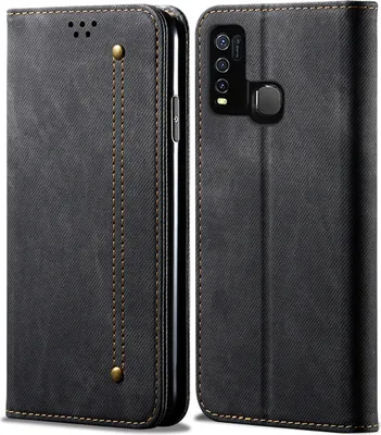 Produktbild von VIVO Y50 Hülle, LaimTop Denim Leder Brieftasche Magnetverschluss Flip Bookstyle Schutzhülle mit Standfunktion für VIVO Y50 VIVO Y50 Schwarz