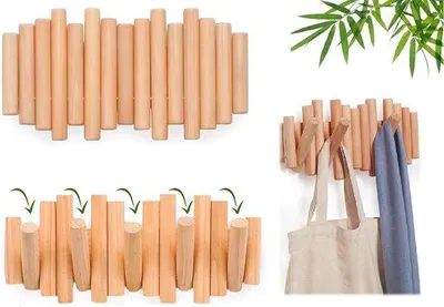 Produktbild von Massivholz-Kleiderstange ohne Stoß - mit fünf faltenfähigen Haken - moderne Kleiderstange aus Holz - geeignet für das Aufhängen von Jacken, Regenschirmen, Handtüchern und Schürzen - robuste Holzdekoration - nachhaltig - Kleiderstange aus massivem Holz ohne Stoß -