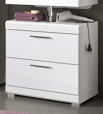 Produktbild von Waschbeckenunterschrank "Shawn" in weiß Hochglanz Badezimmer Unterschrank mit Schubladen 60 cm